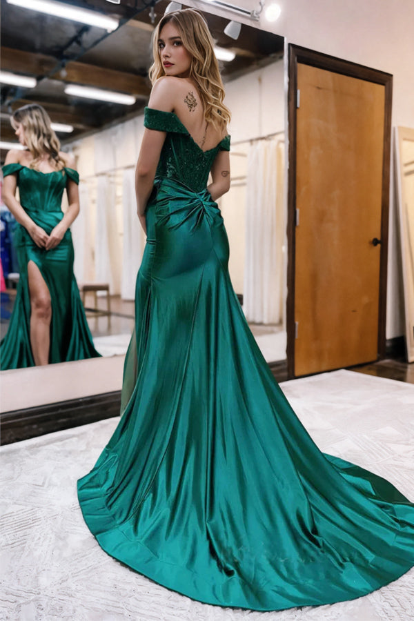 Vestido de fiesta largo de sirena con hombros descubiertos y encaje satinado