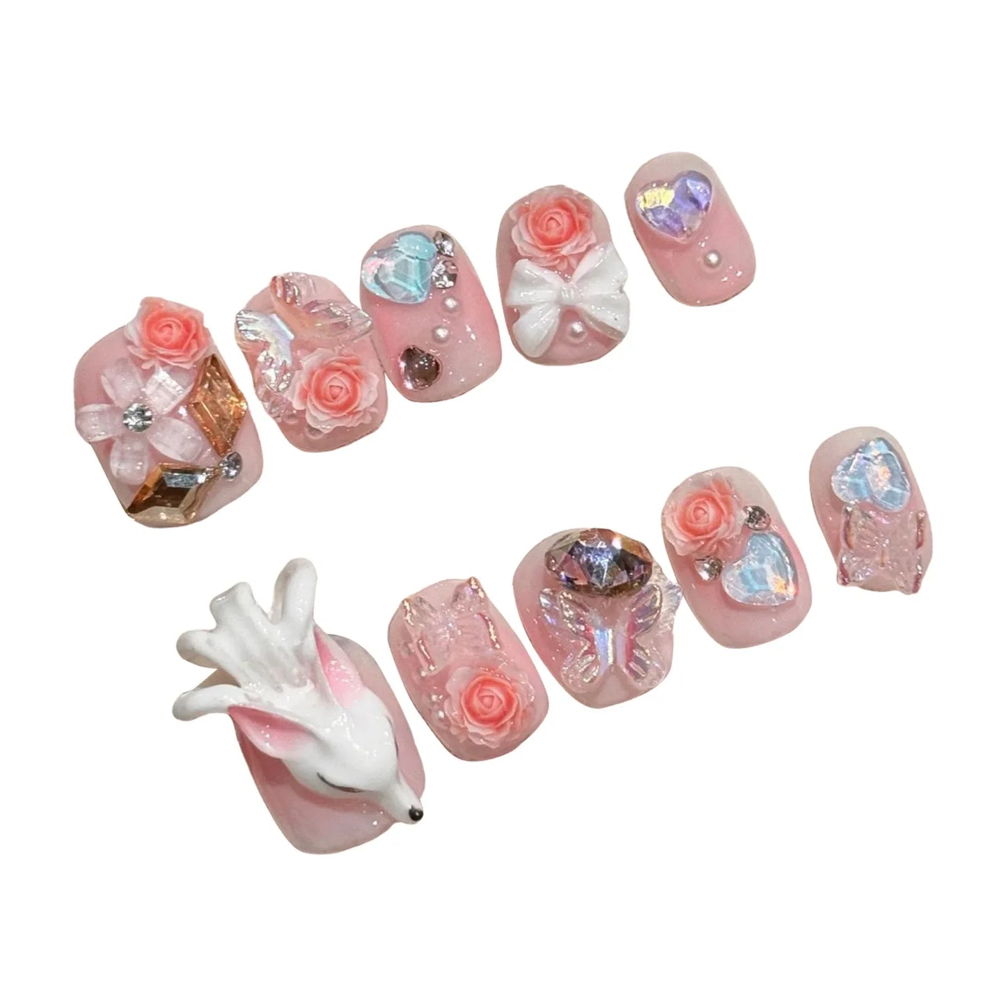 10 uñas postizas cuadradas cortas en rosa claro, hechas a mano, con lazos de flores de zorro 3D y diseños de mariposas.