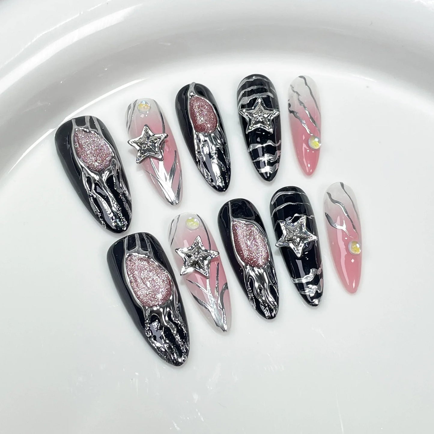 10 uñas postizas largas de ballet, estilo barroco, hechas a mano, con degradado rosa y plateado, estilo almendrado.
