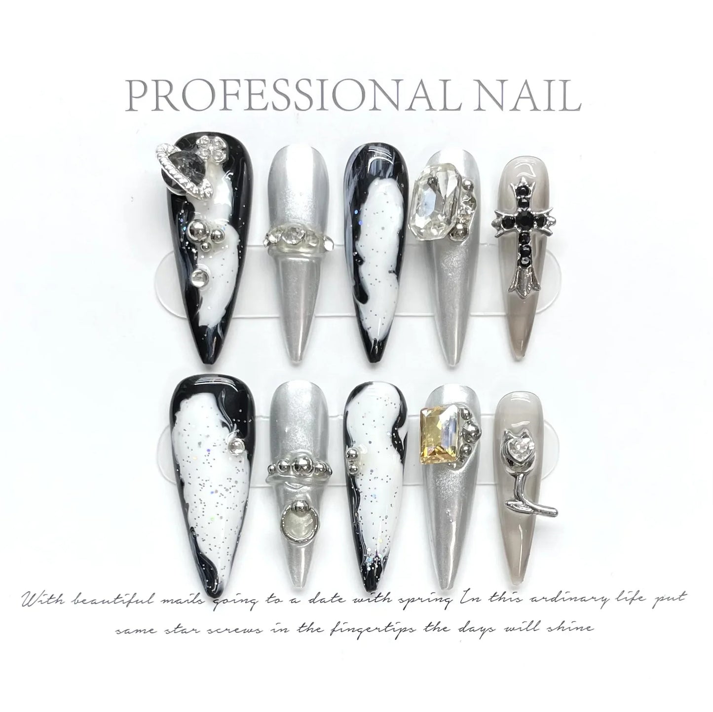 10 uñas postizas largas Y2k con punta de aguja, diseño de corazón y cruz de metal negro degradado, hechas a mano, para manicura DIY.