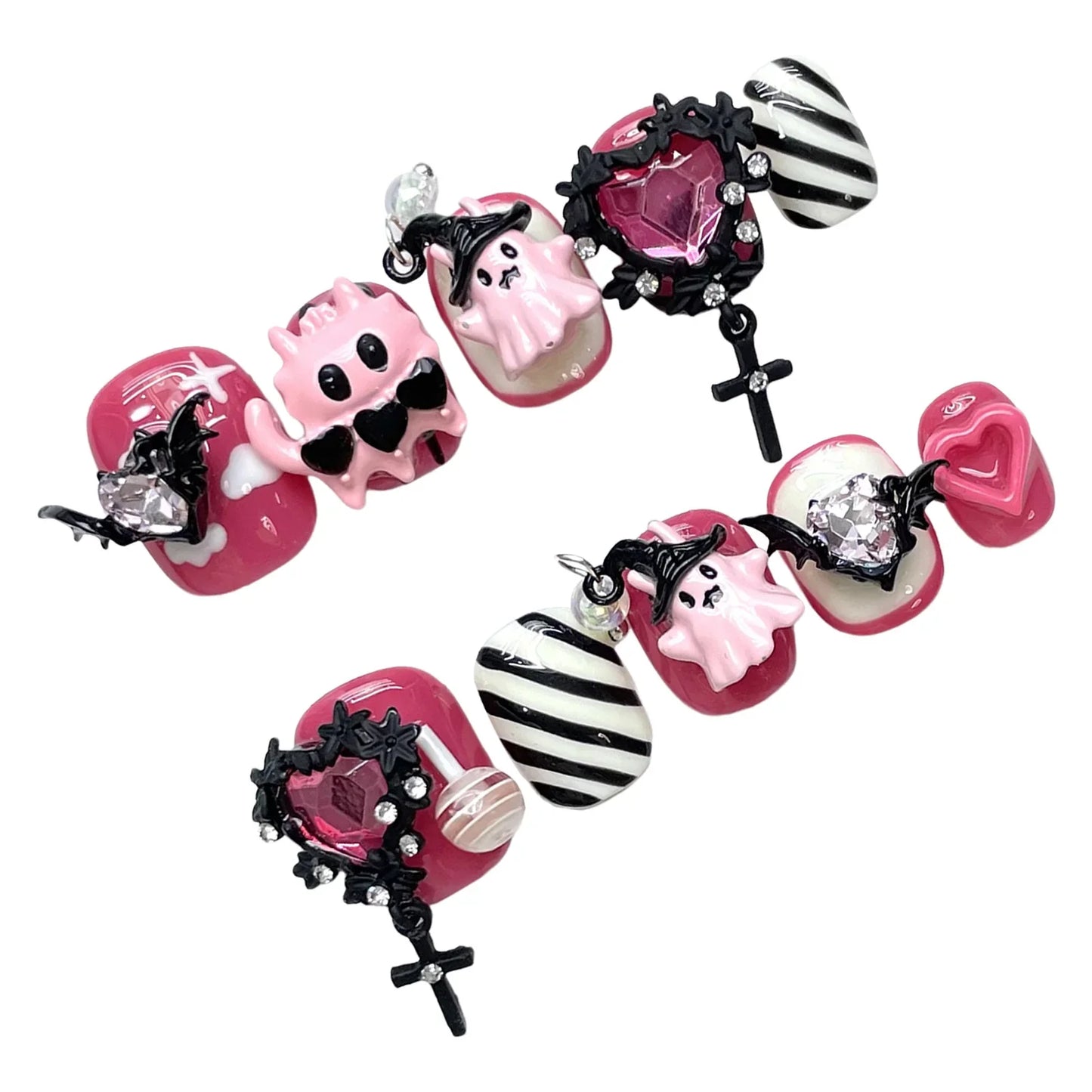 10 uñas postizas con temática de Halloween, diseño 3D de corazón de diablo, uñas postizas redondas cortas de color rosa, hechas a mano.