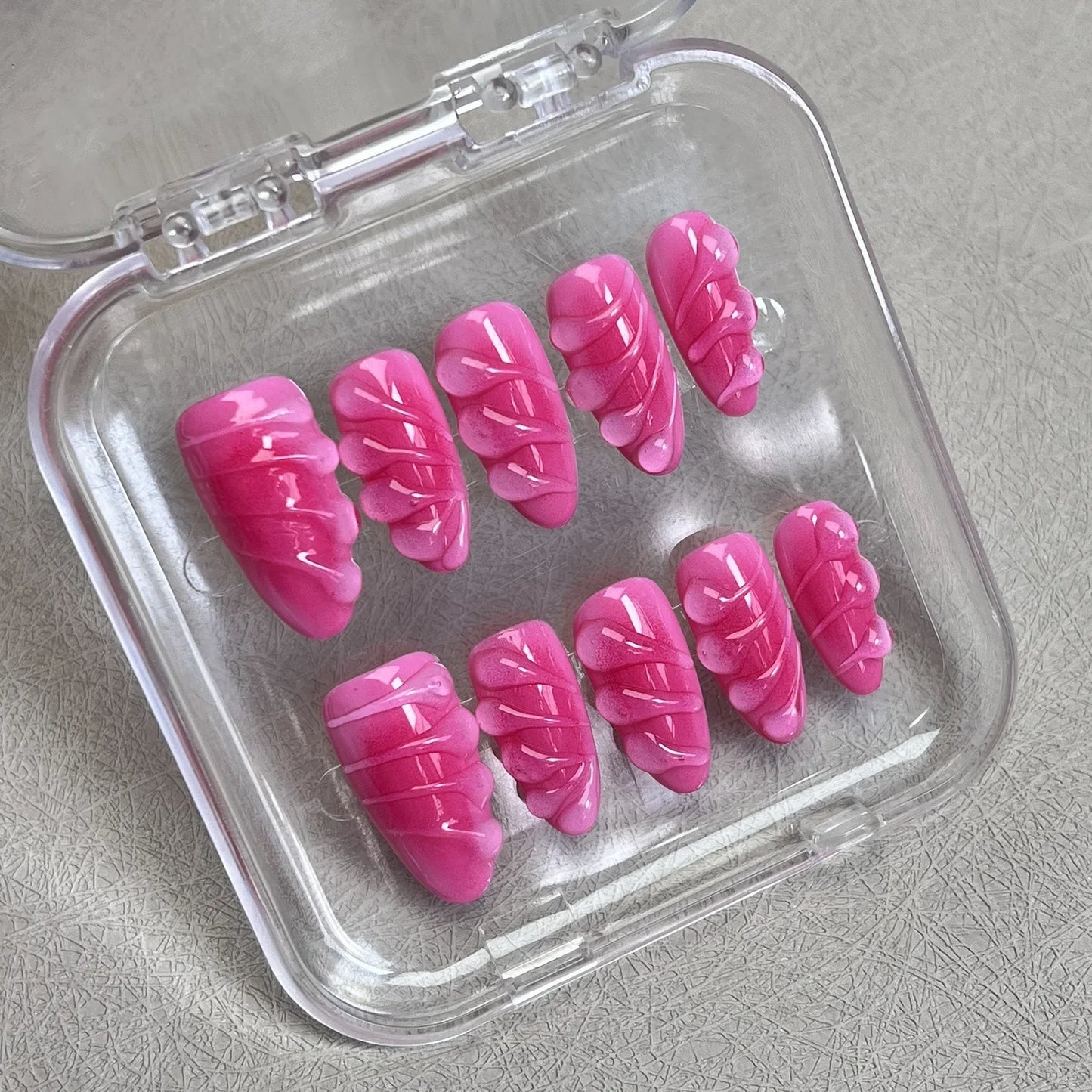 10 uñas postizas hechas a mano con diseño de gotas de agua en 3D, color rosa, almendra brillante, reutilizables, para salón de belleza.