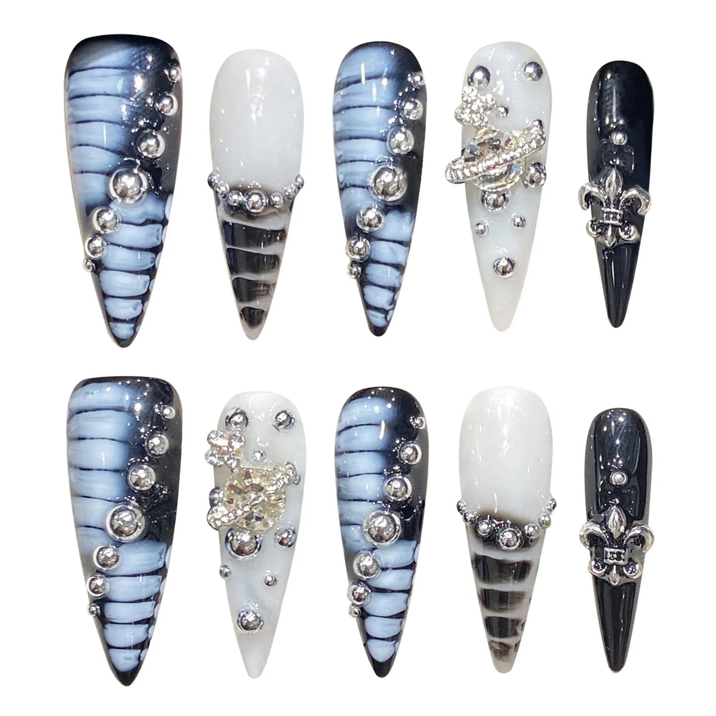 10 Stück handgefertigte Press-On-Nägel, Autora Blau, lange Stiletto-Fake-Nagelspitzen im französischen Stil, Alligator-Print, Diamant-Dekor