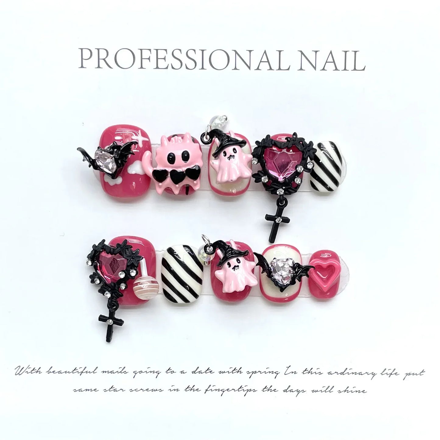 10 uñas postizas con temática de Halloween, diseño 3D de corazón de diablo, uñas postizas redondas cortas de color rosa, hechas a mano.
