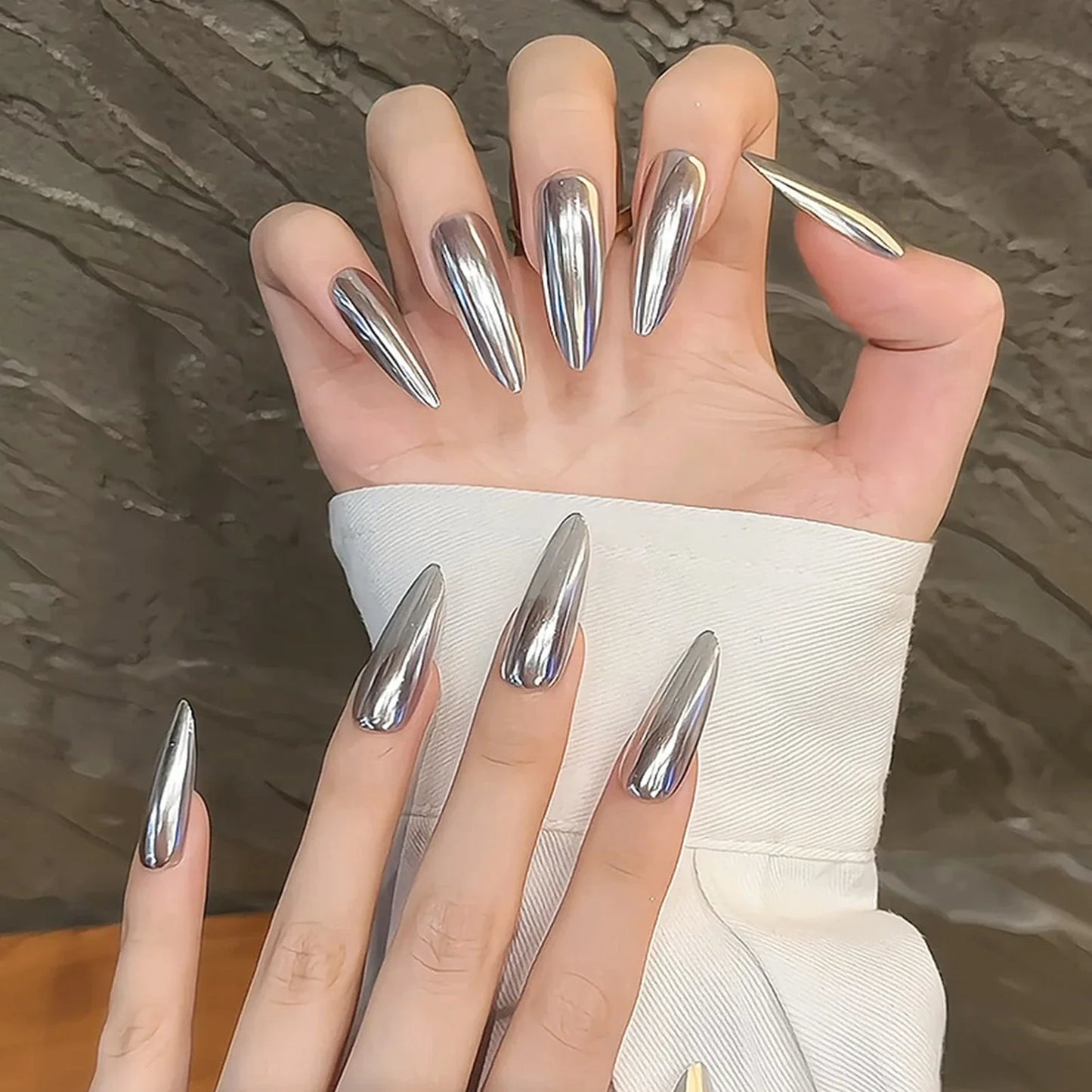 10 uñas postizas plateadas hechas a mano, brillantes, largas, almendradas, cobertura completa, estilo bailarina, para niñas.