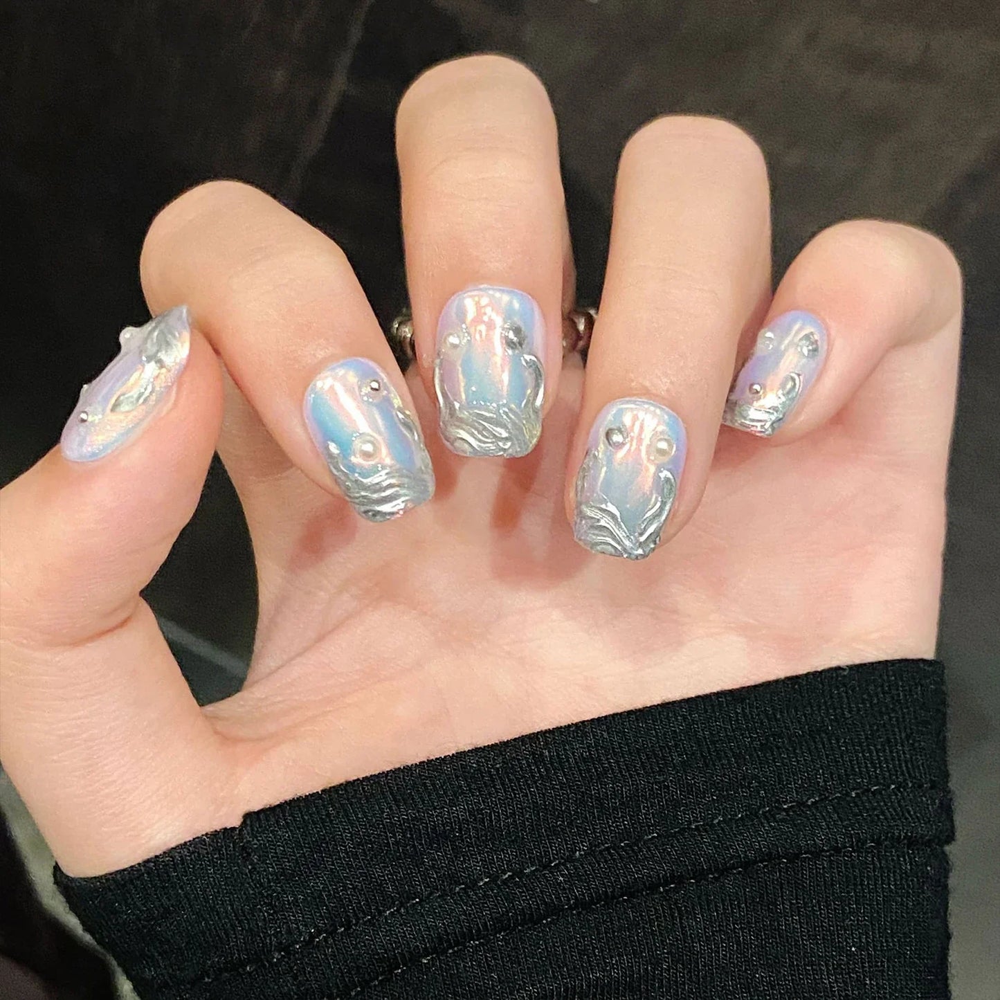 Juego de 10 uñas postizas Aurora hechas a mano con forma de T corta y stiletto largo, diseños de metal plateado, uñas postizas Spicy Girl.