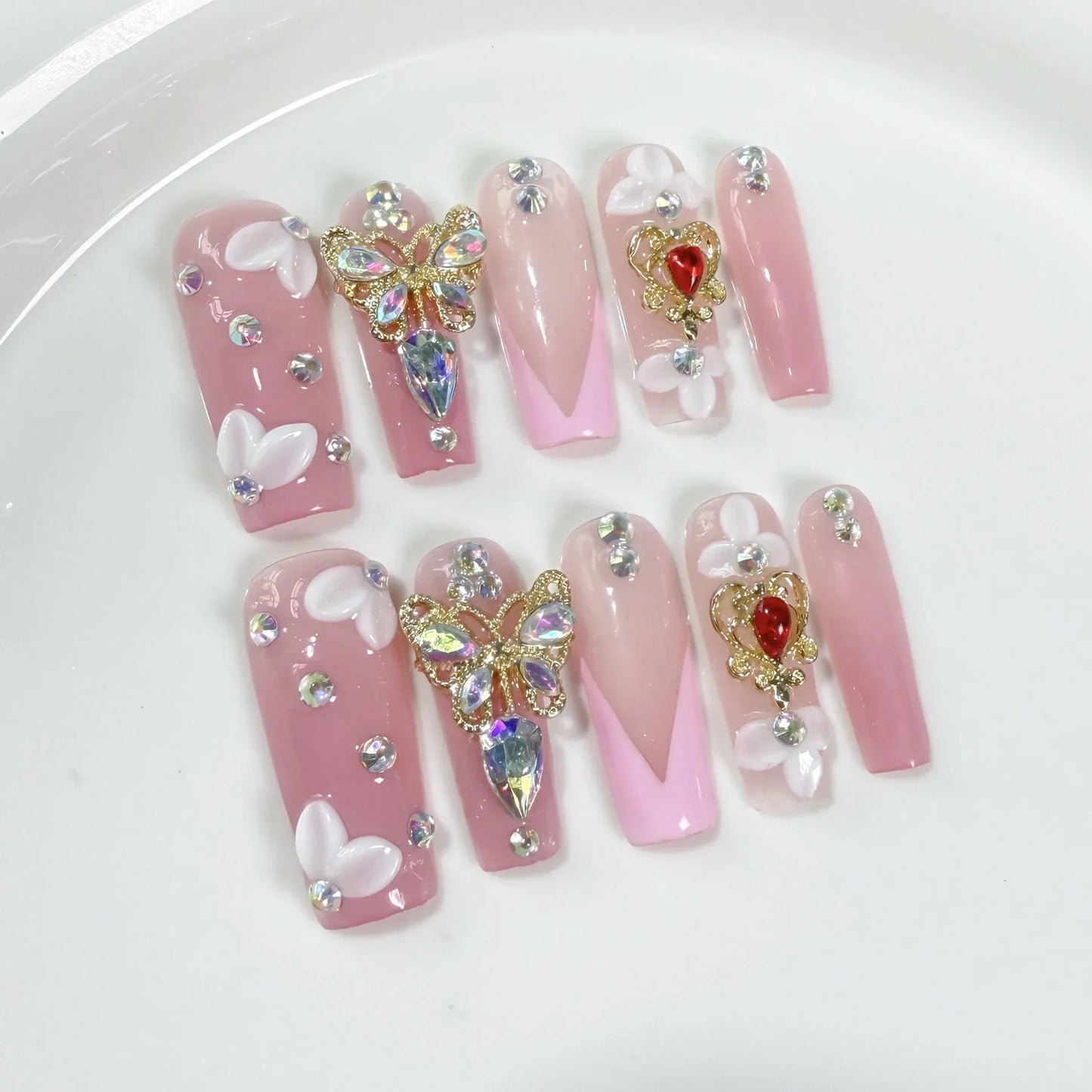 10 uñas postizas de lujo hechas a mano con diseño de ataúd brillante, con degradado marrón, blanco, flor, mariposa, diamante.