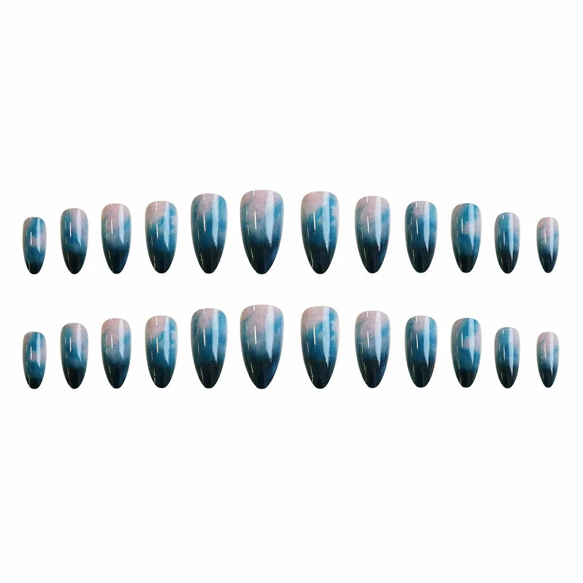 24 uñas postizas ovaladas con degradado azul oscuro, uñas postizas francesas suaves con efecto manchado, uñas artificiales cortas almendradas, fáciles de usar.