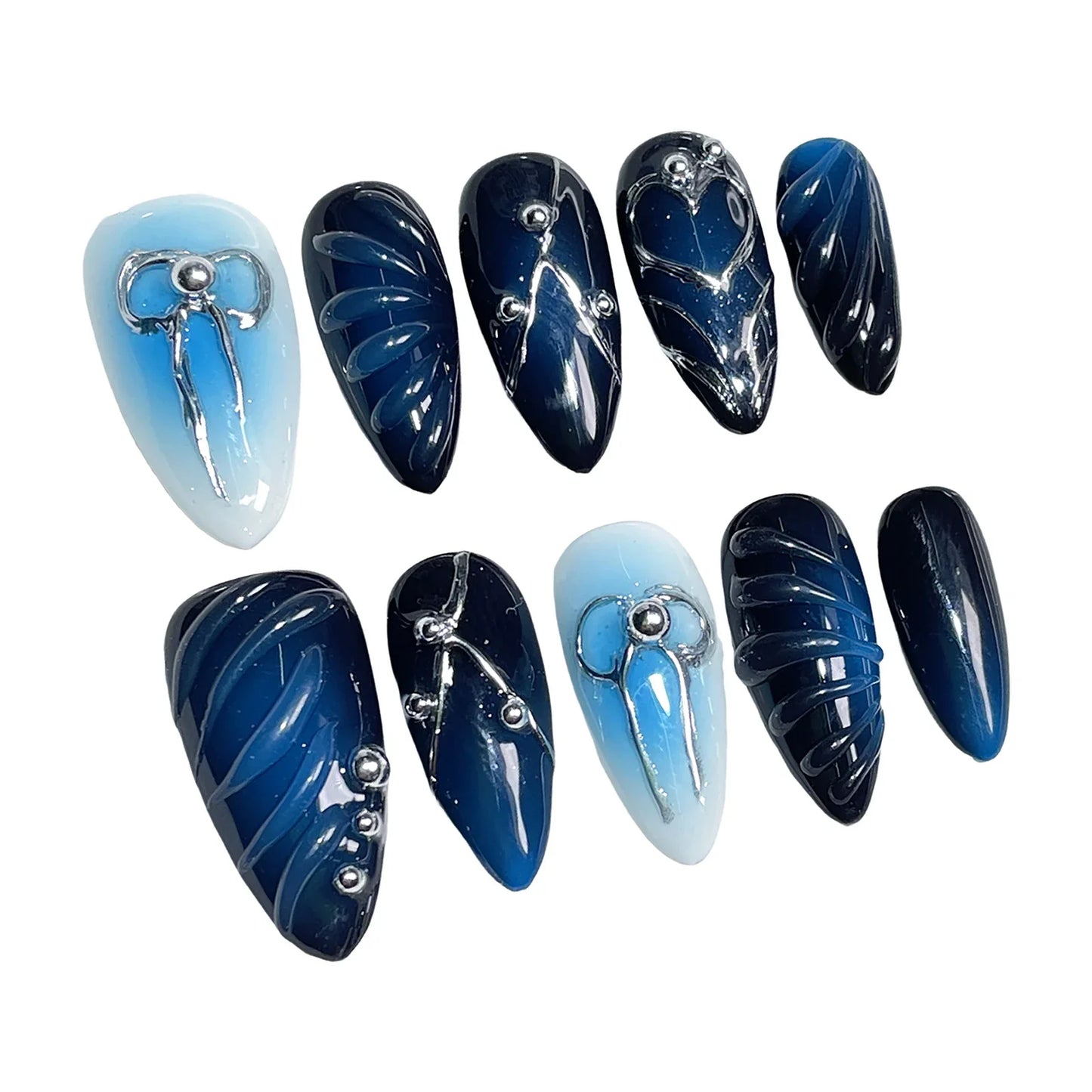 10 uñas postizas hechas a mano con degradado de rubor azul, ondas de agua 3D, lazos, decoración, estilo Y2k, manicura almendra usable.