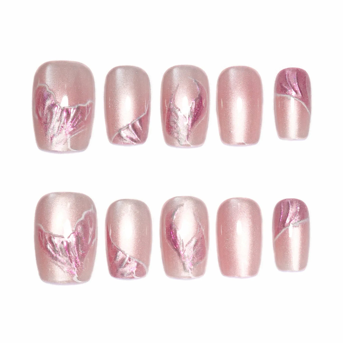 10 uñas postizas de ojo de gato en color rosa nude, hechas a mano, con diseño de cola de sirena rosa, ideales para usar en estilo europeo.