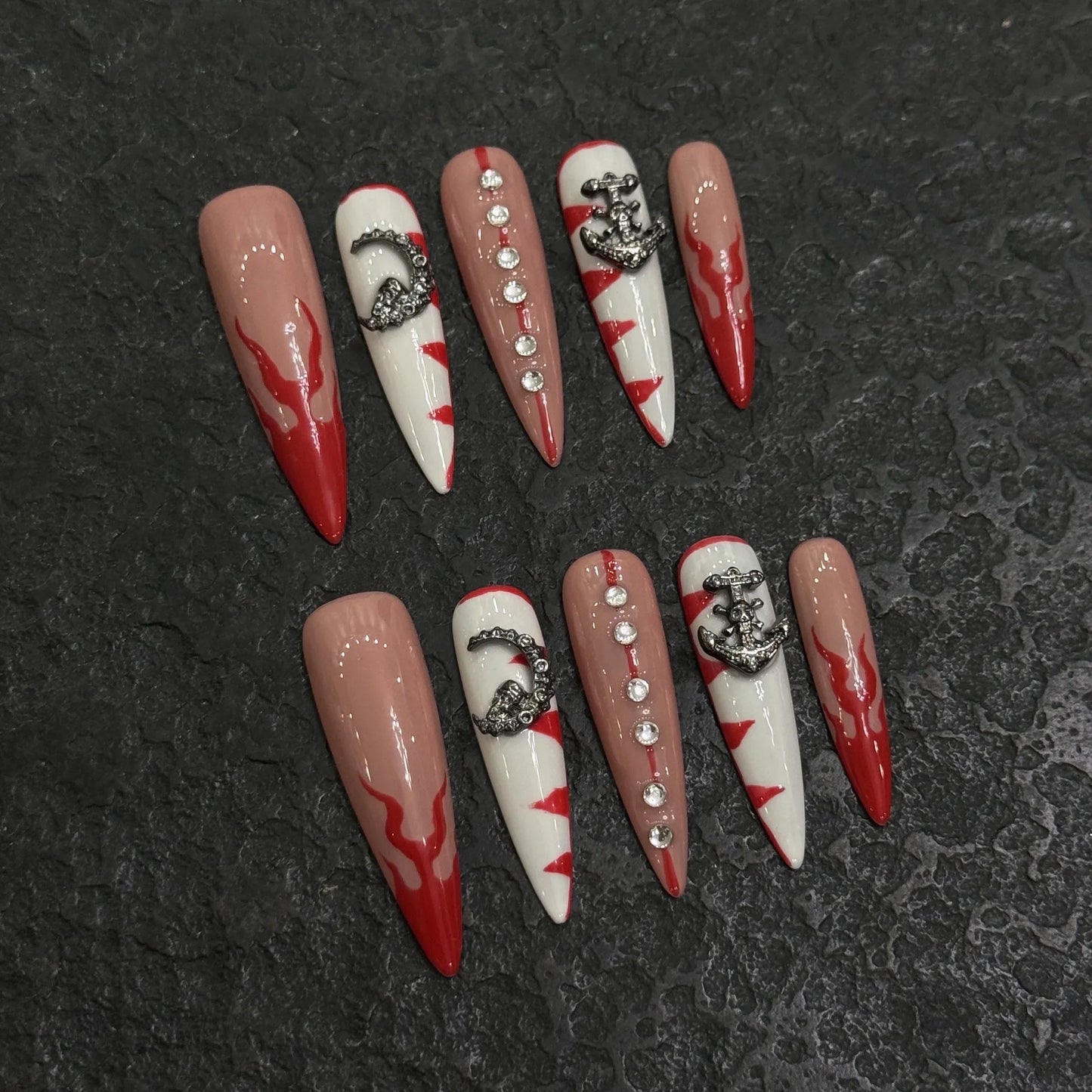 10 uñas postizas francesas hechas a mano con diseño de flores de tulipán, perla, corazón y diamante, uñas postizas de lujo para mujer.