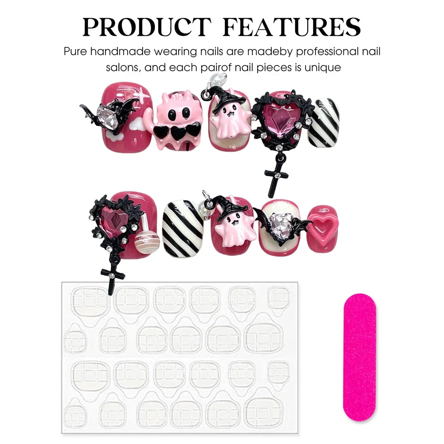 10 uñas postizas con temática de Halloween, diseño 3D de corazón de diablo, uñas postizas redondas cortas de color rosa, hechas a mano.