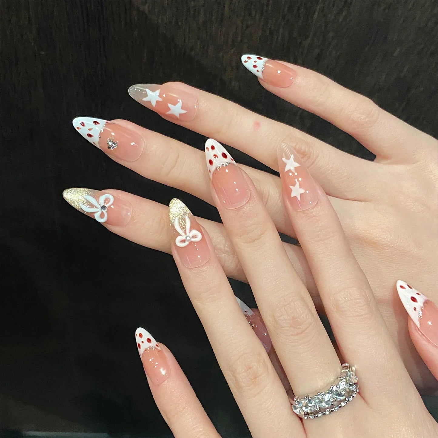 10 uñas postizas Y2k con lazo y estrellas, diseño de leopardo en rosa rubor, estilo francés, hechas a mano, con borde blanco y almendra.