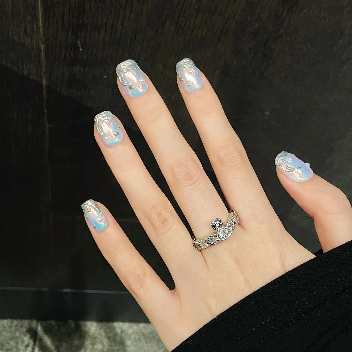 Juego de 10 uñas postizas Aurora hechas a mano con forma de T corta y stiletto largo, diseños de metal plateado, uñas postizas Spicy Girl.