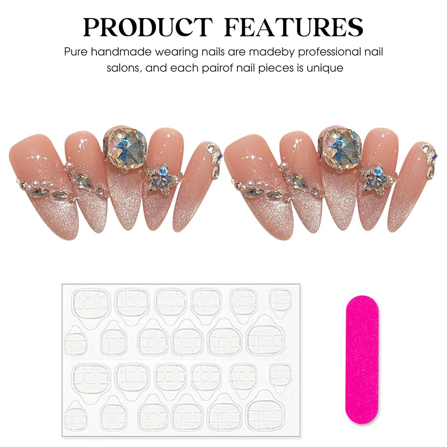 10 uñas postizas de lentejuelas con diseño de ojo de gato, hechas a mano, color rosa, con diseños de diamantes brillantes, reutilizables, francesas.