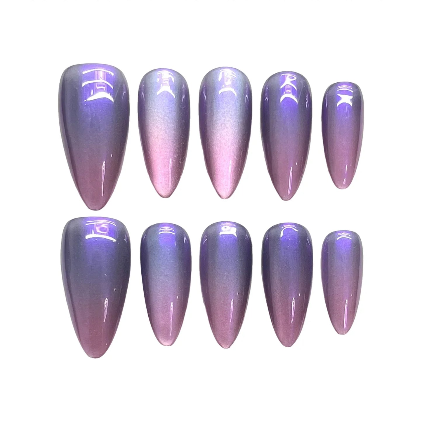 10 uñas postizas brillantes de ojo de gato, color morado nude, almendra, hechas a mano, para uso diario, para fiestas, manicura para mujer.
