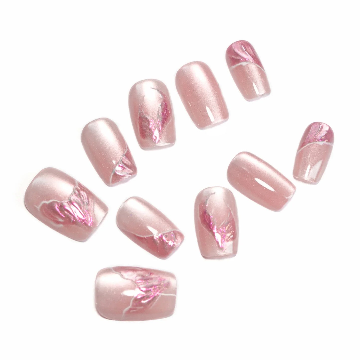 10 uñas postizas de ojo de gato en color rosa nude, hechas a mano, con diseño de cola de sirena rosa, ideales para usar en estilo europeo.