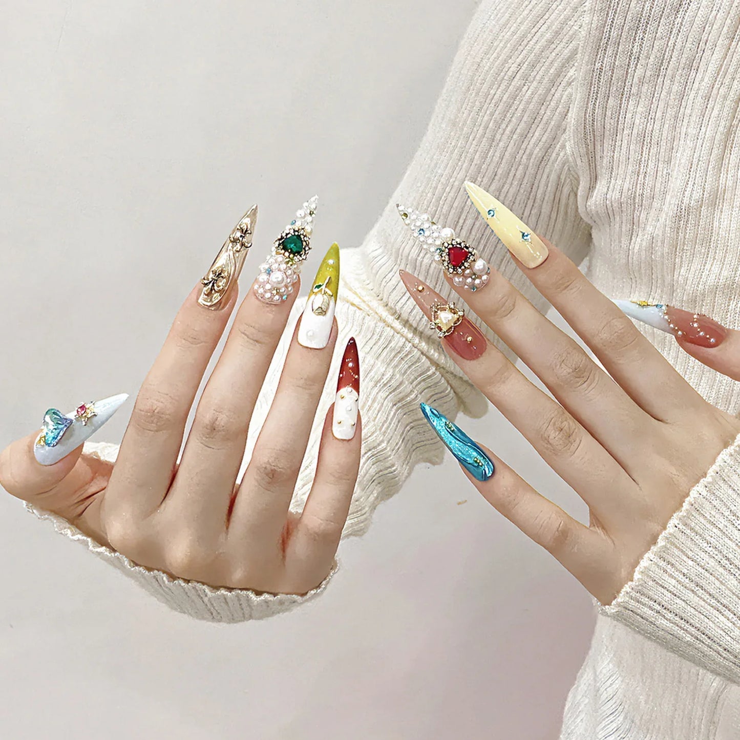 10 uñas postizas francesas hechas a mano con diseño de flores de tulipán, perla, corazón y diamante, uñas postizas de lujo para mujer.
