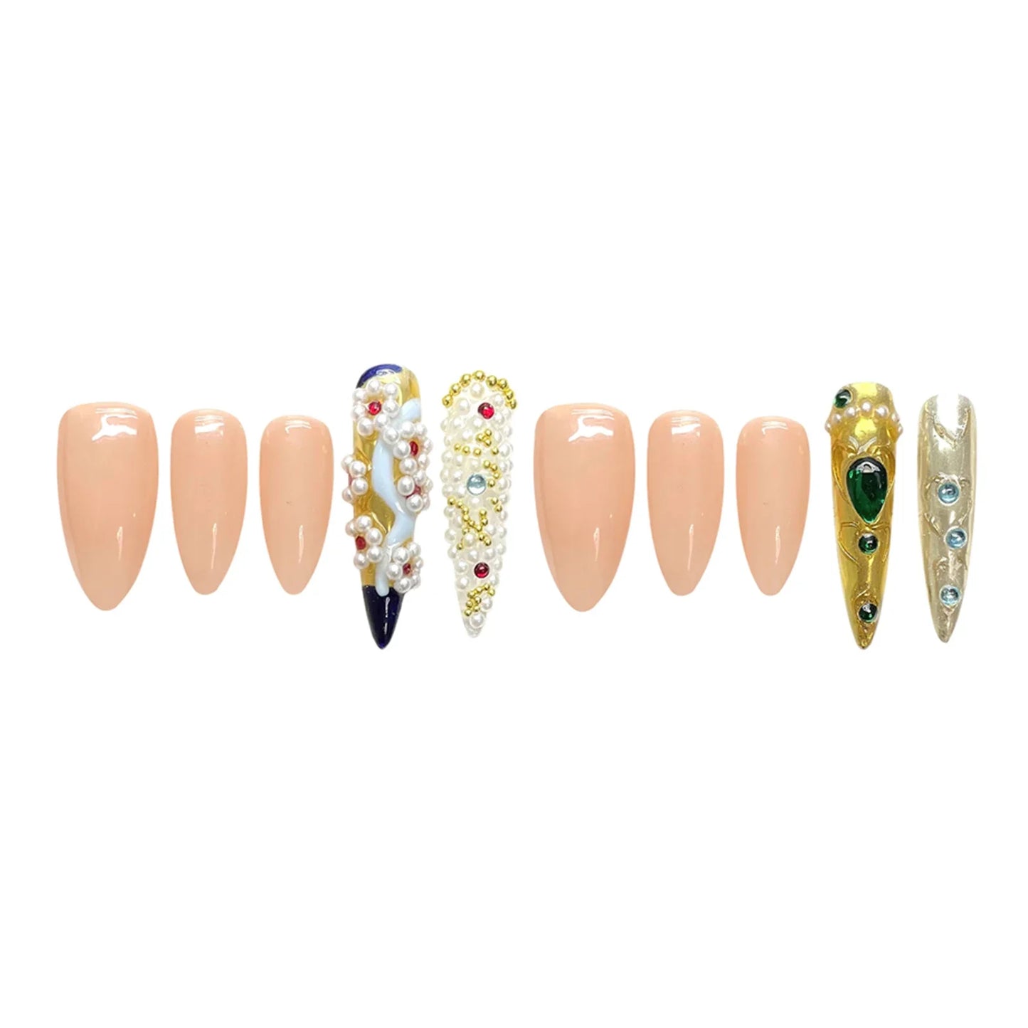 10 uñas postizas hechas a mano, estilo chino vintage, almendradas y largas, de lujo, con punta larga, artificiales.
