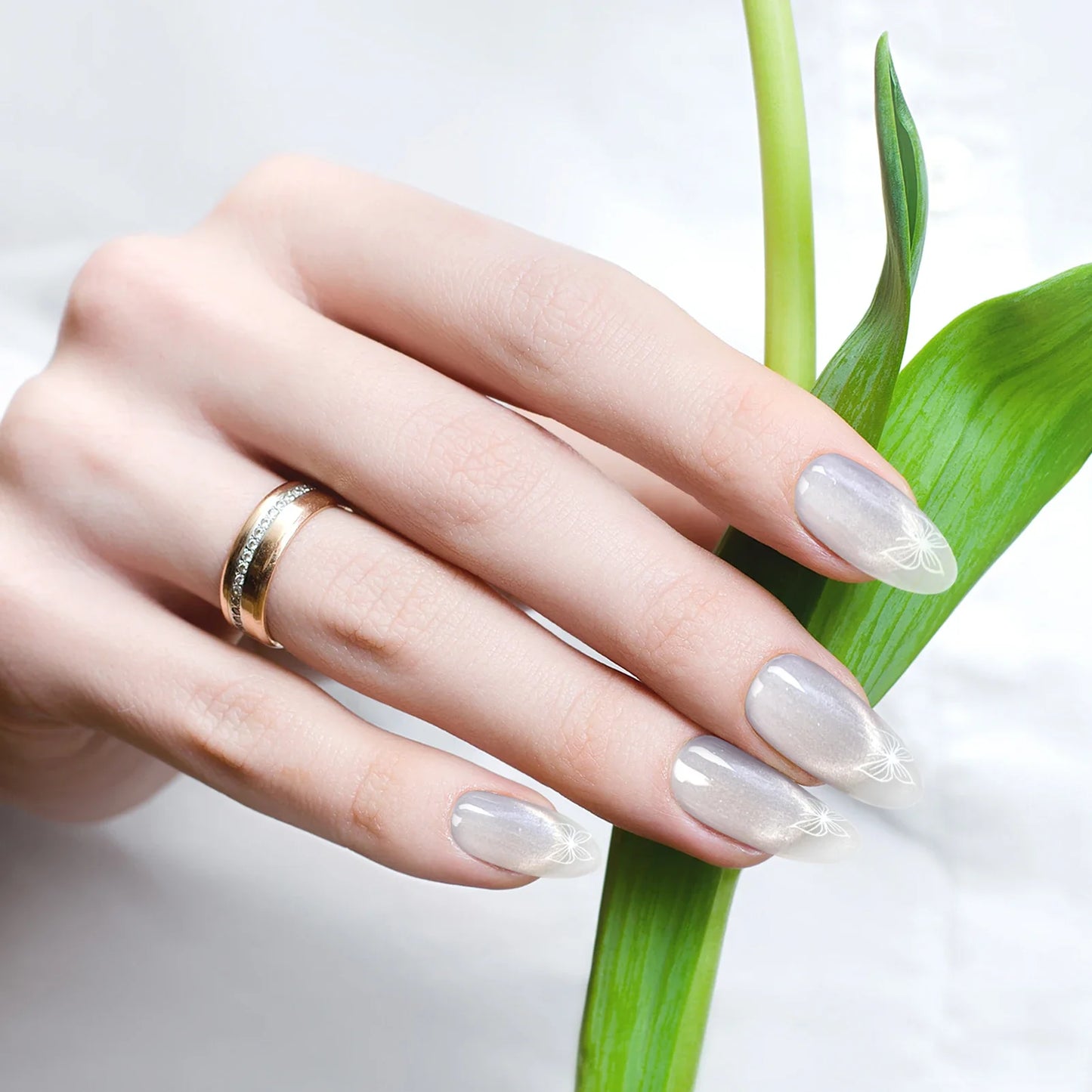 10 uñas postizas de almendra hechas a mano, con diseño de ojo de gato, color blanco, estilo francés, desmontables, para mujer.