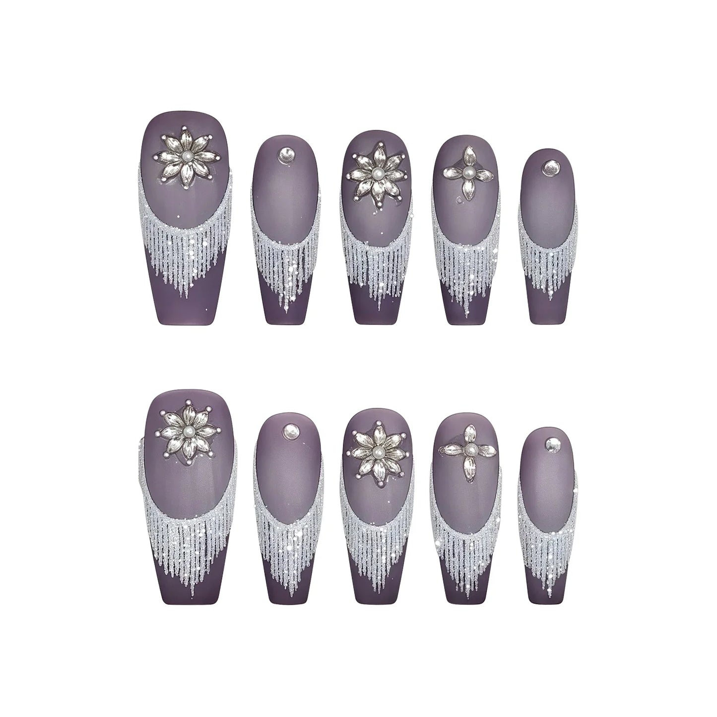 10 uñas postizas hechas a mano con diseño de nieve esmerilada morada y decoración de diamantes, estilo francés, tamaño mediano T