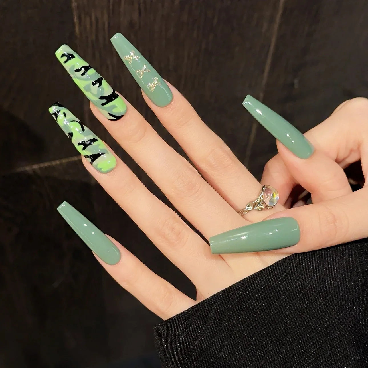 10 parches de uñas postizas largas color verde militar, estilo bailarina, para primavera y verano, fáciles de usar, hechos a mano, con cobertura completa, para manicura artística.