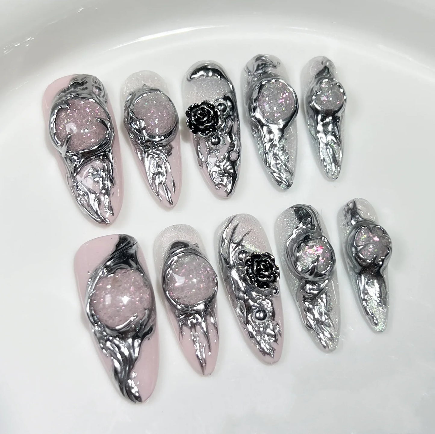 10 uñas postizas largas de ballet, estilo barroco, hechas a mano, con degradado rosa y plateado, estilo almendrado.