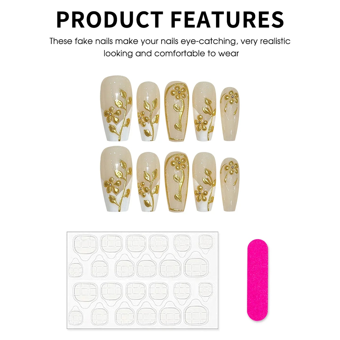 10 uñas postizas de otoño hechas a mano, de longitud media, con diseño de escalera y flores doradas, estilo francés blanco para mujer.