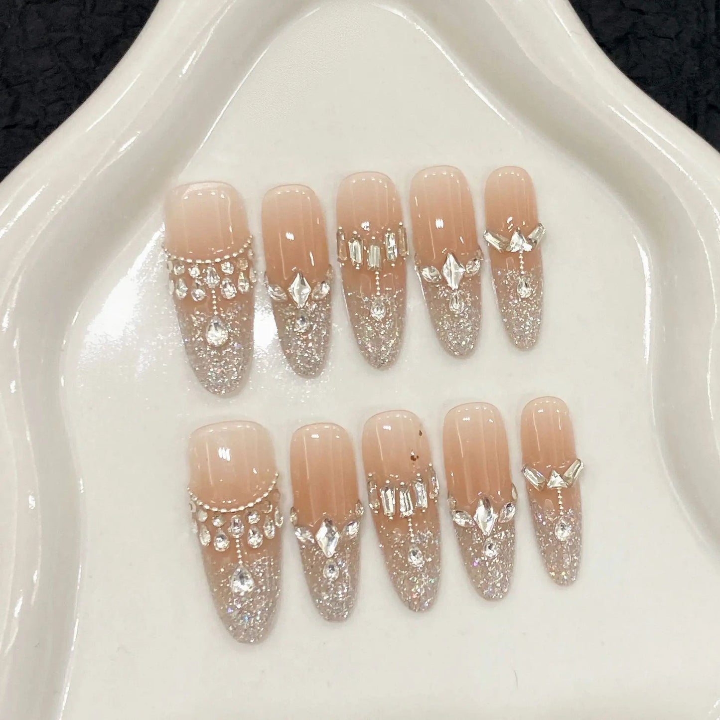 10 uñas postizas francesas con lentejuelas brillantes, punta a presión, rubor, almendra larga, brillo, decoración de diamantes, hechas a mano, de lujo.