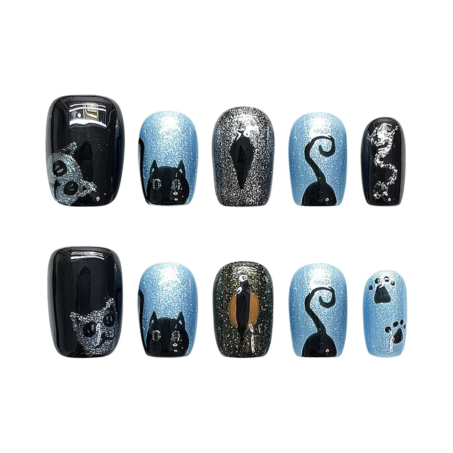 10 uñas postizas brillantes en azul y negro, hechas a mano, cortas, cuadradas, con diseño de gato, pintadas a mano.