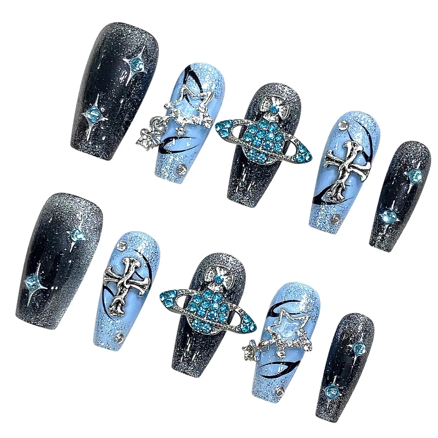 10 uñas postizas estilo Y2k, hechas a mano, en azul brillante, con diseños de cruz de diamantes brillantes, uñas postizas desmontables.