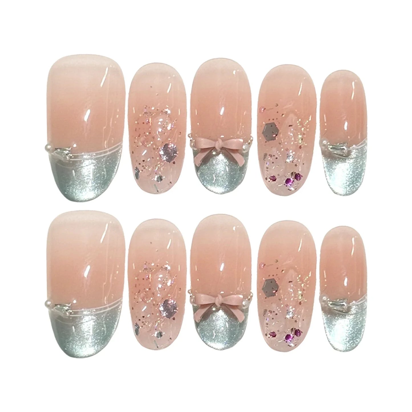 10 uñas postizas con lentejuelas brillantes, estilo ojo de gato, almendra dulce, estilo coreano, con lazos y decoración de perlas, color verde menta, estilo francés.