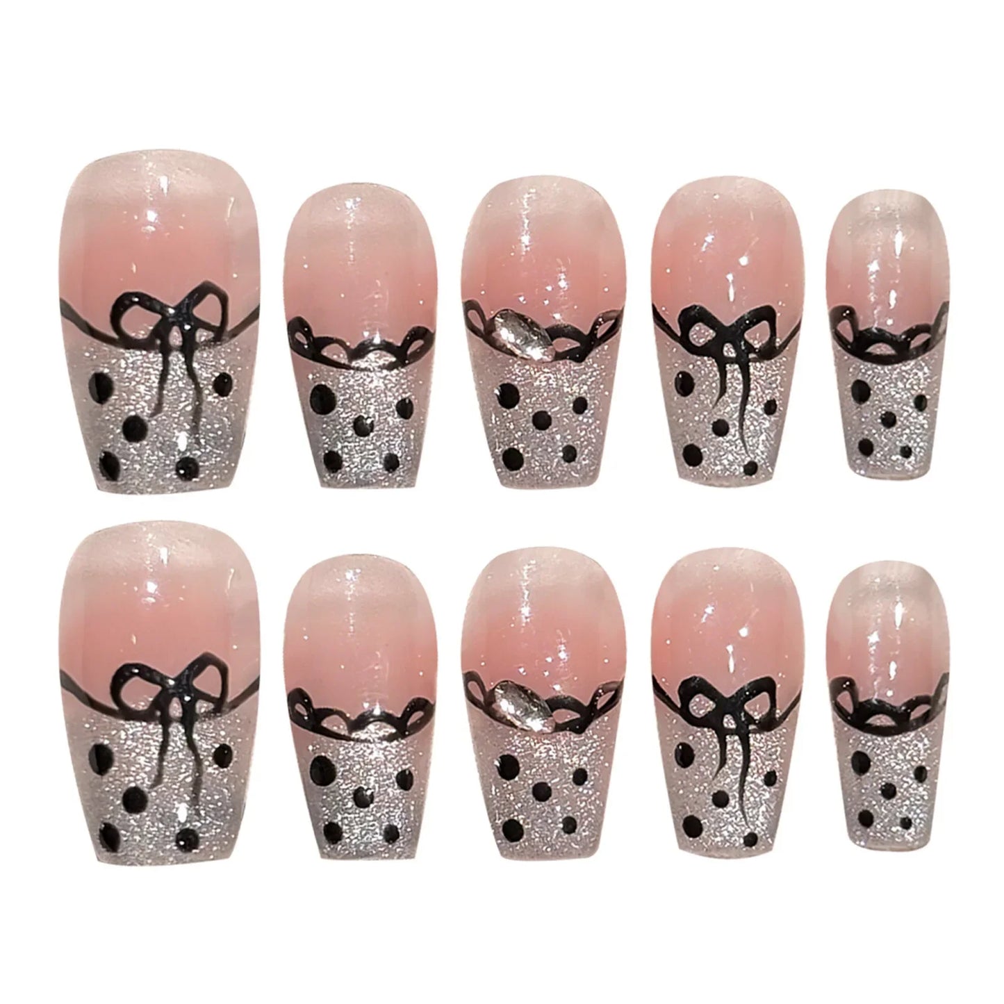 10 uñas postizas cuadradas cortas, hechas a mano, en rosa rubor, estilo francés, con encaje, ondas y lazos.