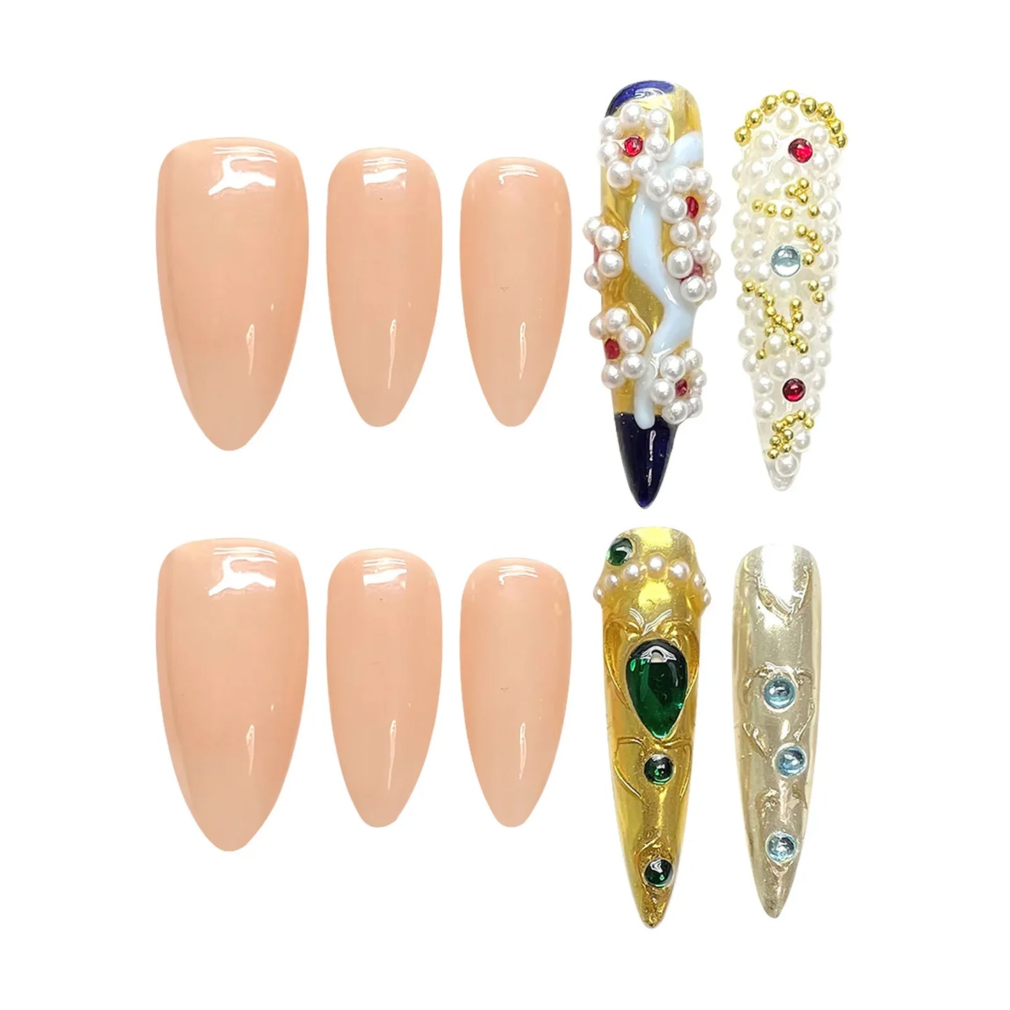 10 uñas postizas hechas a mano, estilo chino vintage, almendradas y largas, de lujo, con punta larga, artificiales.