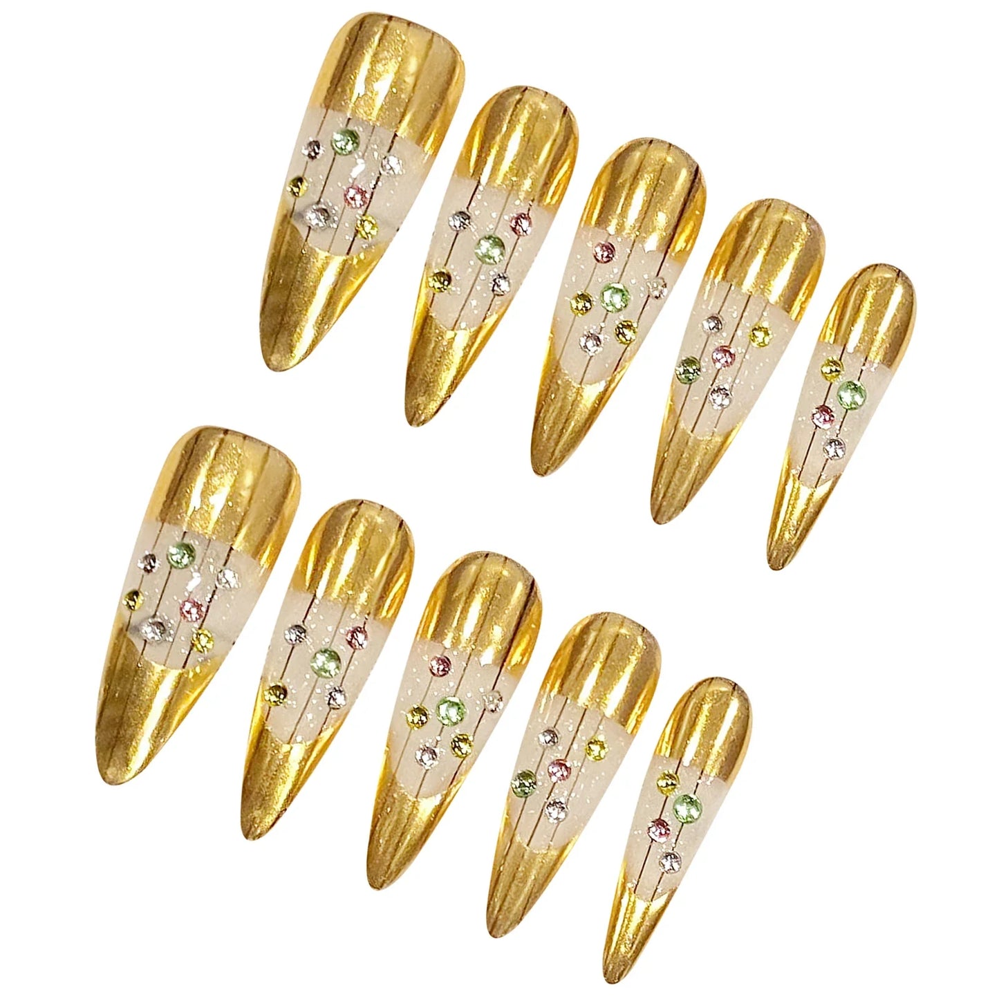 10 uñas postizas doradas hechas a mano, ligeras y lujosas, con diseños de diamantes brillantes, parches de uñas postizas almendradas largas desmontables.