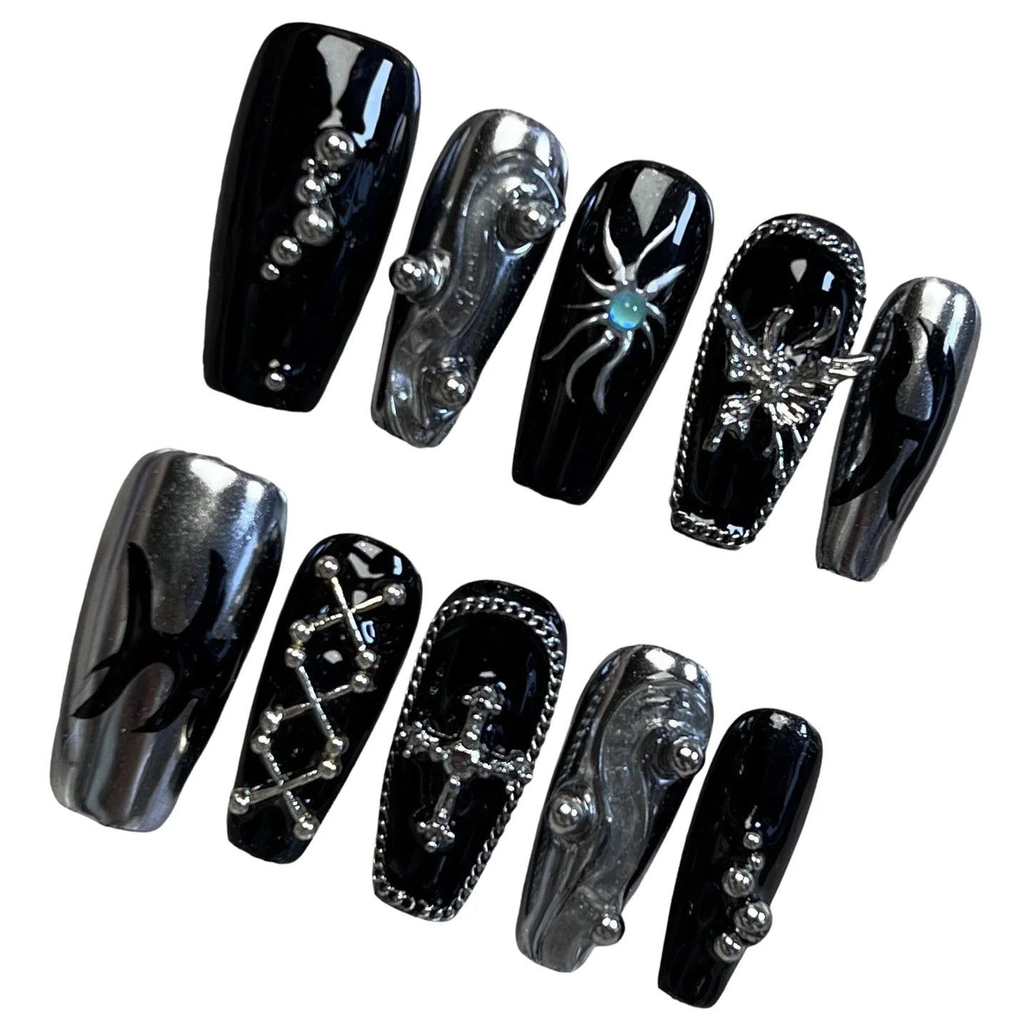 10 uñas postizas hechas a mano estilo punk Y2k con cadena de metal plateada y negra, uñas postizas de prensa, uñas de ataúd medianas, manicura desmontable.