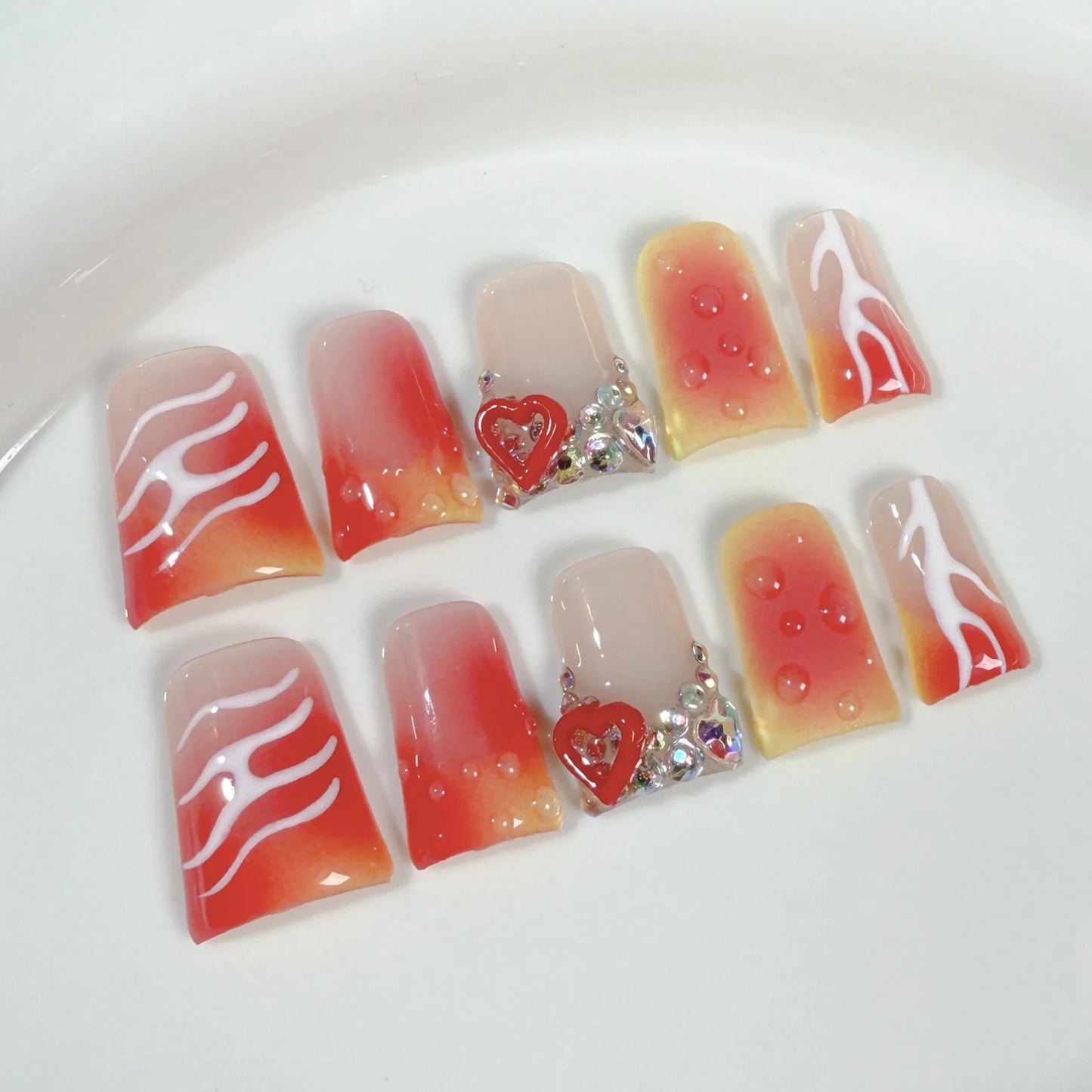 10 Stück Handgemachte Press On Nails Farbverlauf Vitalität Orange Französischer Stil Gefälschte Nägel Y2k Stern 3D Schnitzerei Blumendekor Sommer Falsche Nägel