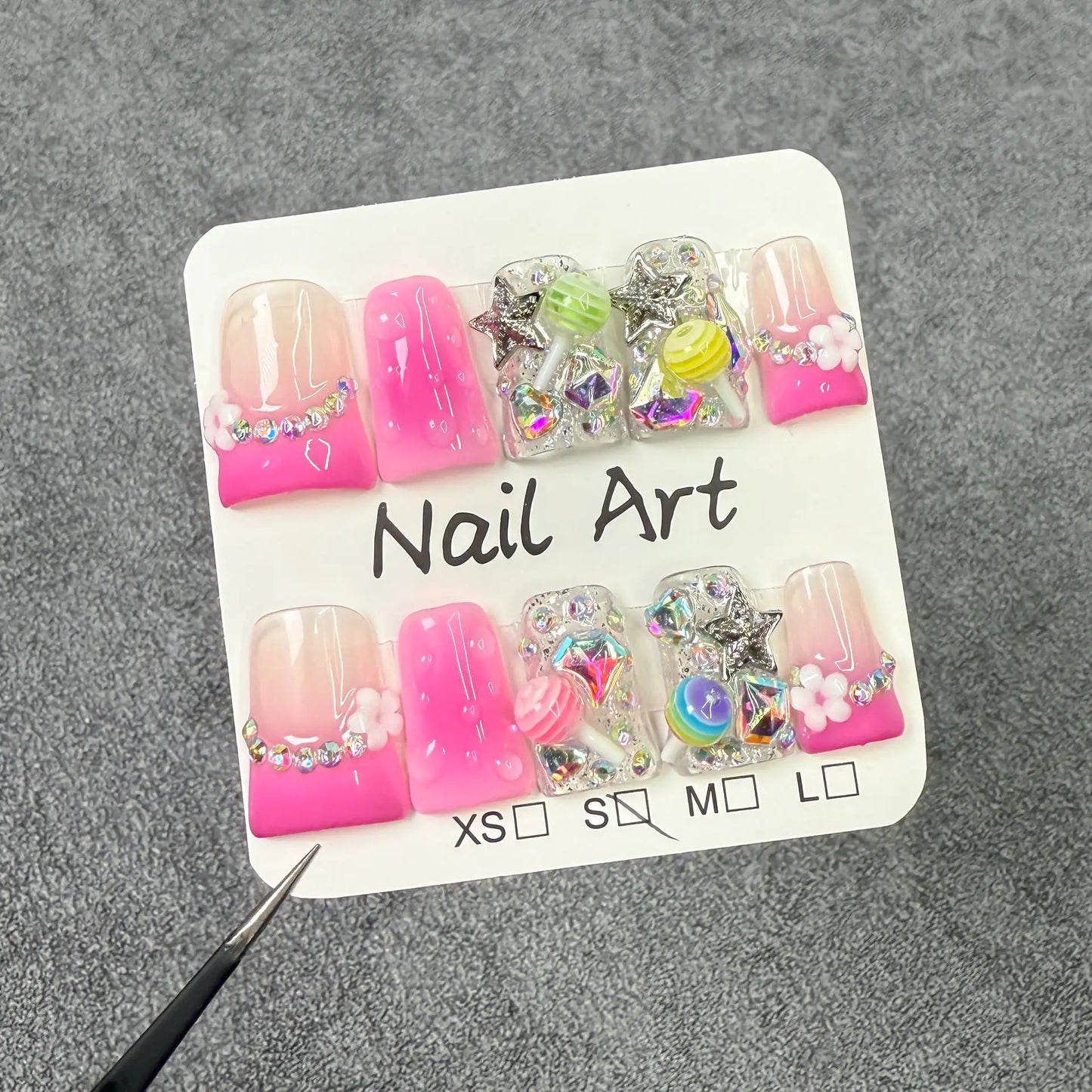 10 uñas postizas de fantasía con diseño de piruleta, color rosa degradado, estilo francés, Y2k, con forma de estrella y diamante, uñas postizas con diseño de pico de pato dulce.