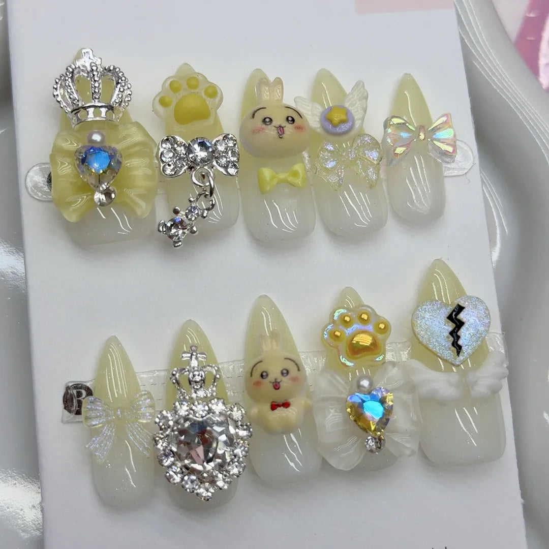10pcs Handmade Press On Nails Four Color French Style Long-poined False Nails Metal Bows Diamond Cute Cartoon Decor Fake Nail