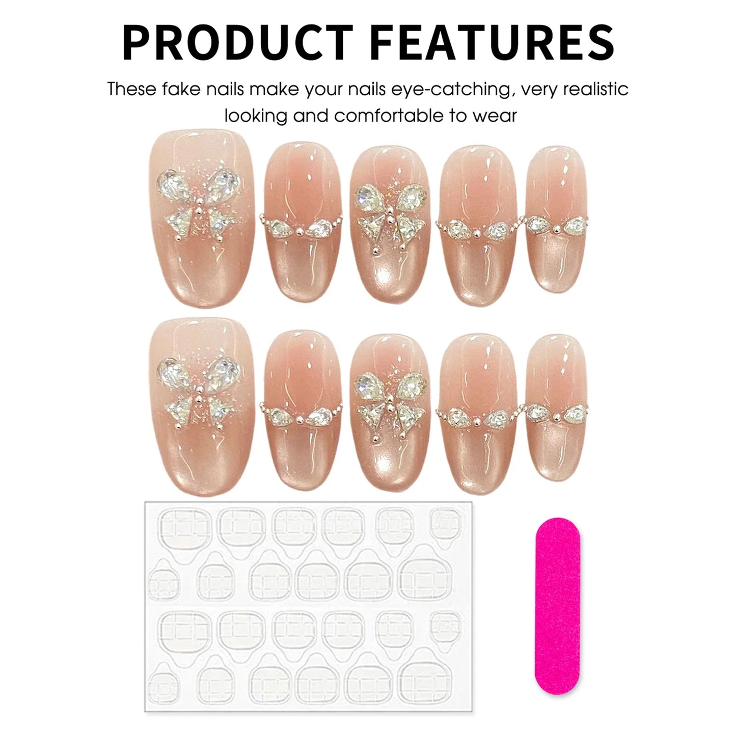 10 uñas postizas con diseño de ojos de gato y diamantes de imitación, de larga duración, seguras e impermeables, ideales para ir de compras, viajar y citas.