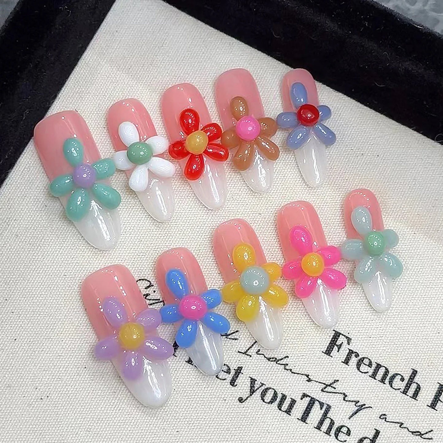 10 uñas postizas de plumeria amarilla hechas a mano, estilo francés, color verde menta degradado, largas, estilo bailarina, ideales para el verano.