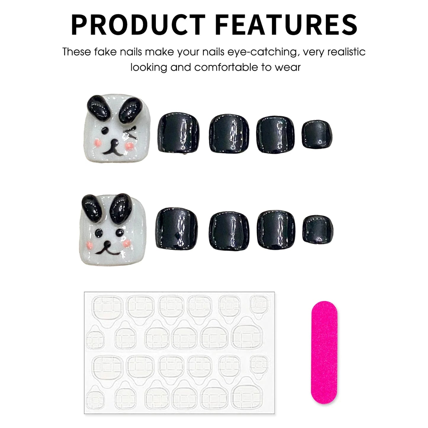 10 uñas postizas de cachorro pintadas a mano, cortas, cuadradas, negras y blancas, con diseño creativo y adhesivo.