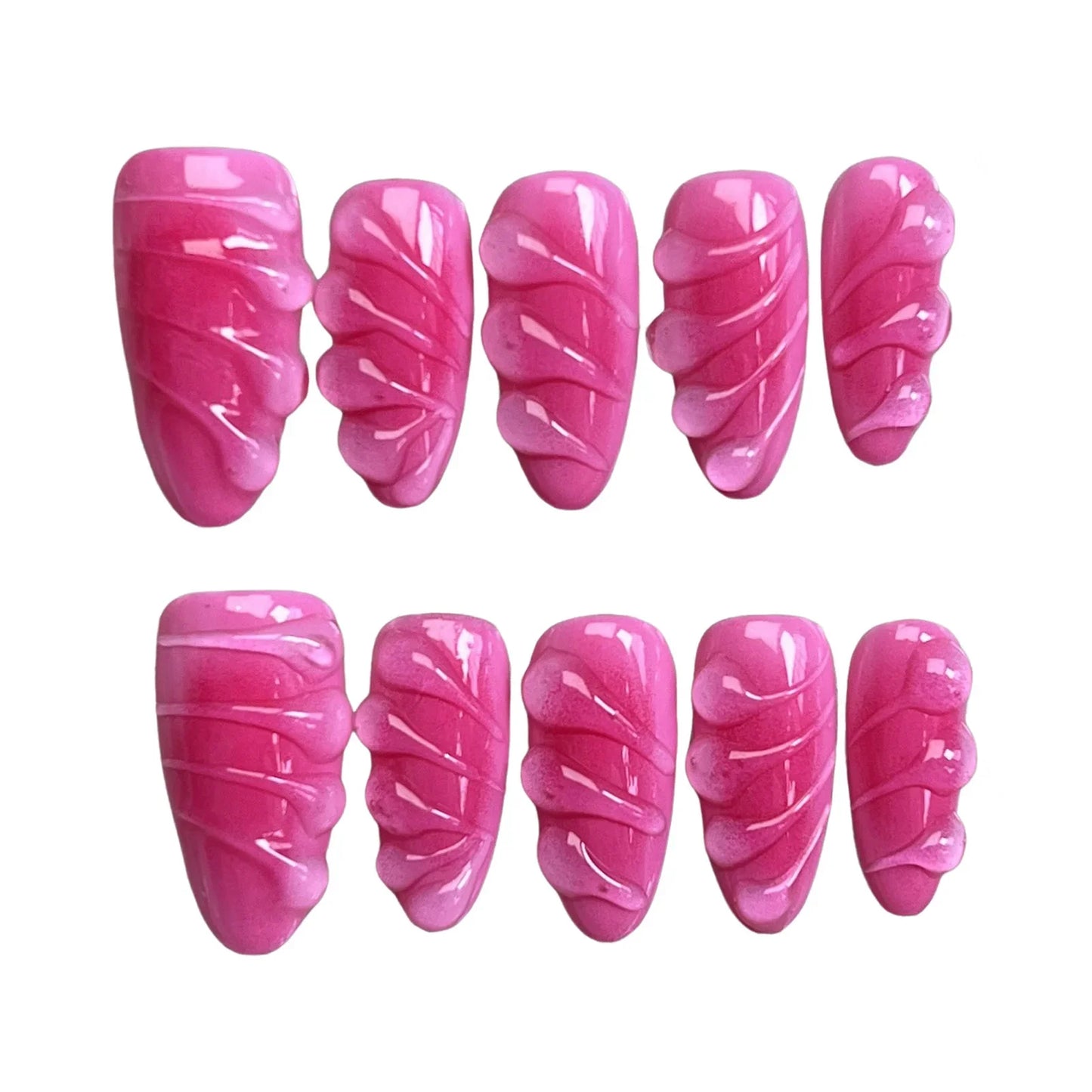10 uñas postizas hechas a mano con diseño de gotas de agua en 3D, color rosa, almendra brillante, reutilizables, para salón de belleza.