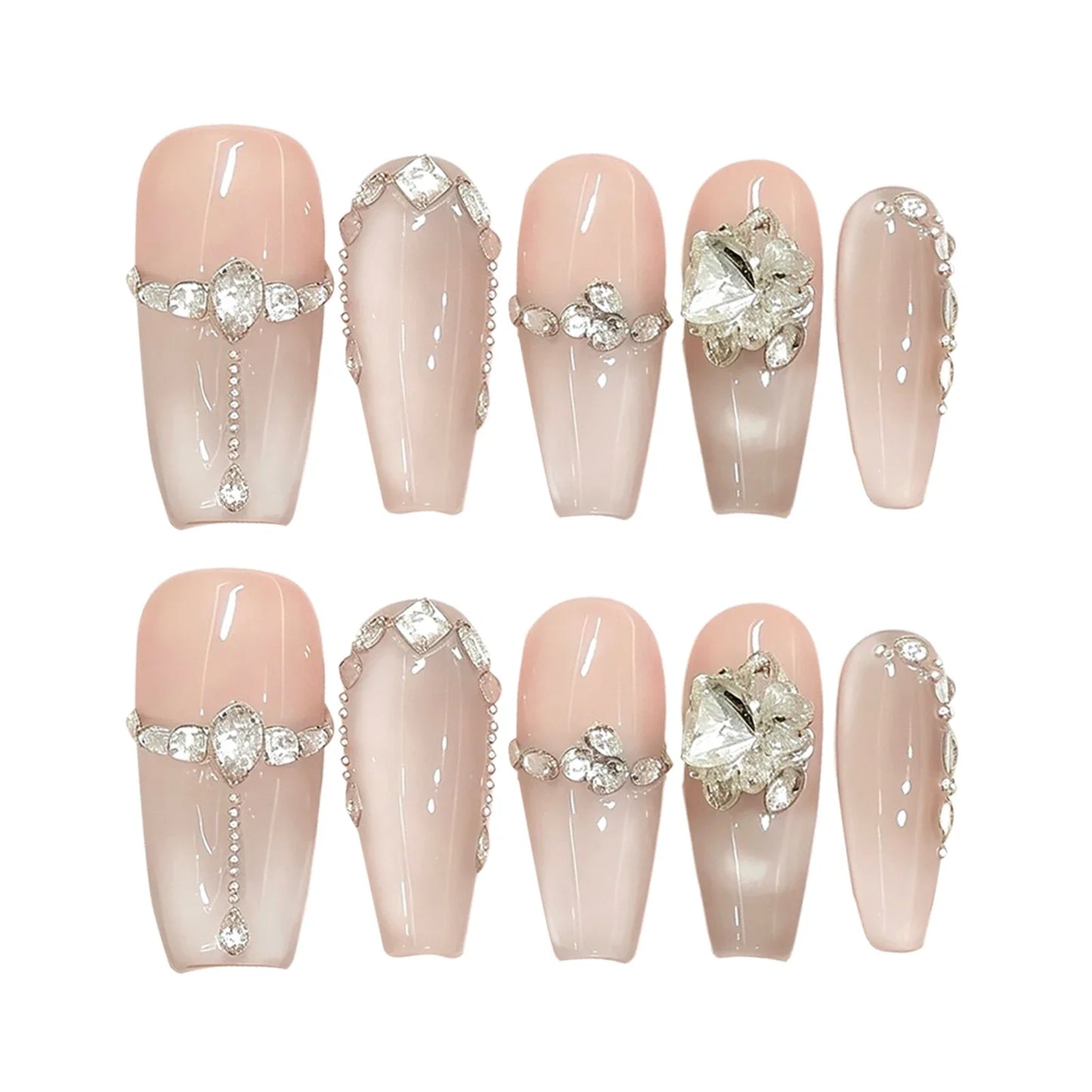 10 uñas postizas hechas a mano, color nude puro, ojo de gato, rosa claro, brillantes, estilo francés, para usar.
