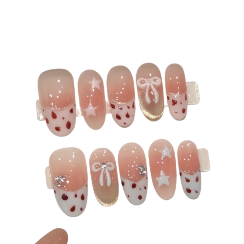10 uñas postizas cortas con diseño de almendra, borde blanco, estampado de leopardo, estilo francés, hechas a mano, con lazo y estrellas ruborizadas.