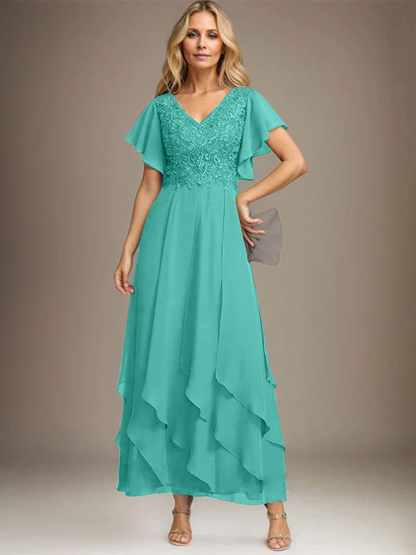 A-Linien-Kleid mit V-Ausschnitt, knöchellang, Spitzenchiffon und kaskadierenden Rüschen