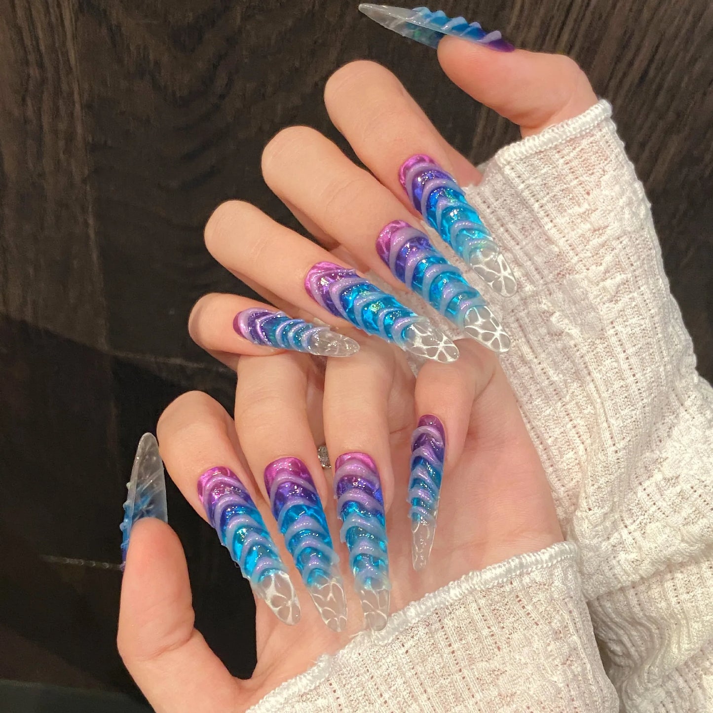 10 uñas postizas hechas a mano con degradado azul y morado, ondas de agua 3D, estilo francés, cielo estrellado, largas, bailarinas.