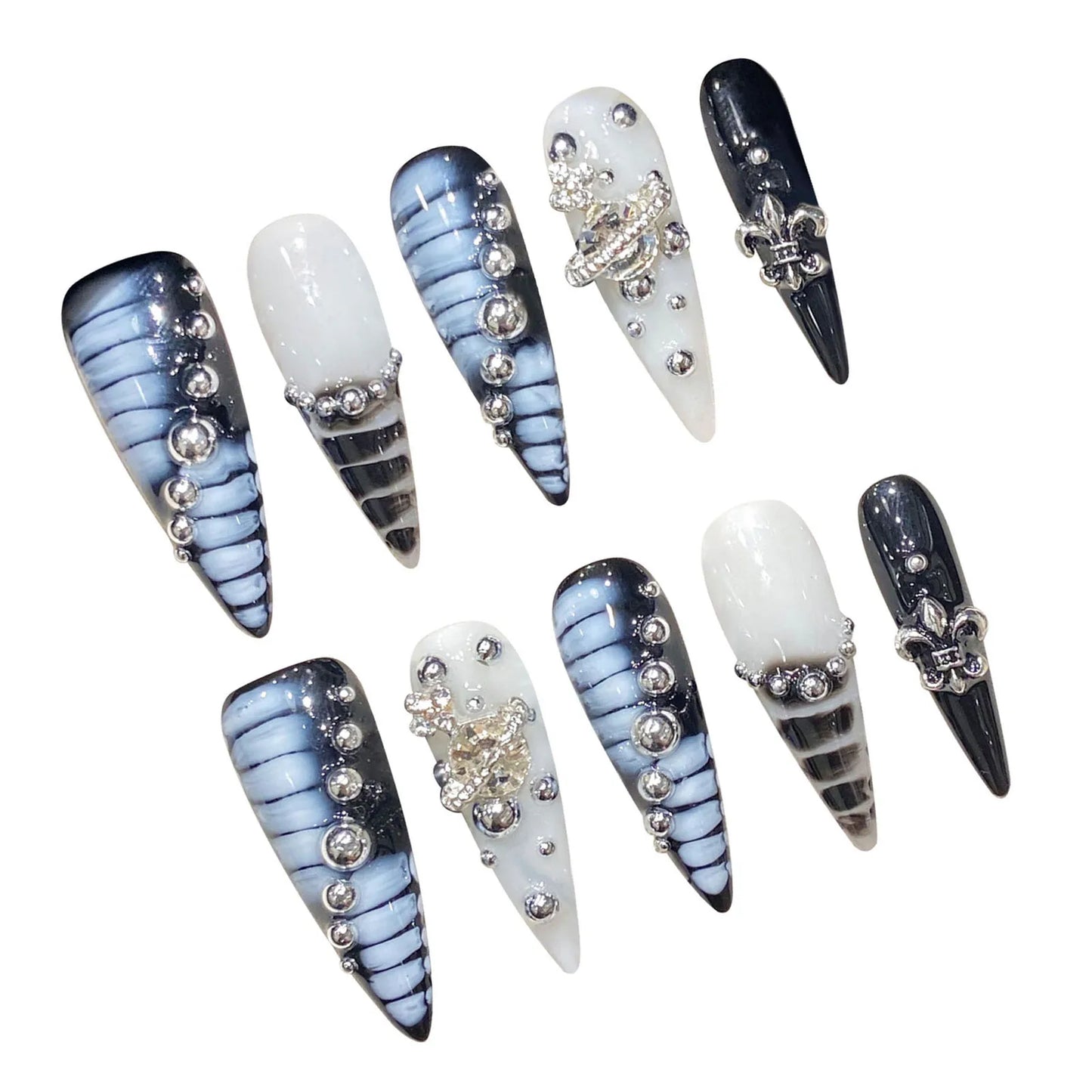 10 Stück handgefertigte Press-On-Nägel, Autora Blau, lange Stiletto-Fake-Nagelspitzen im französischen Stil, Alligator-Print, Diamant-Dekor