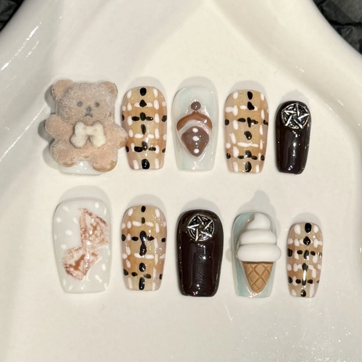 10 uñas postizas hechas a mano, estilo punk, de metal, con lazo, mariposa, decoración, cortas, para chica sexy.