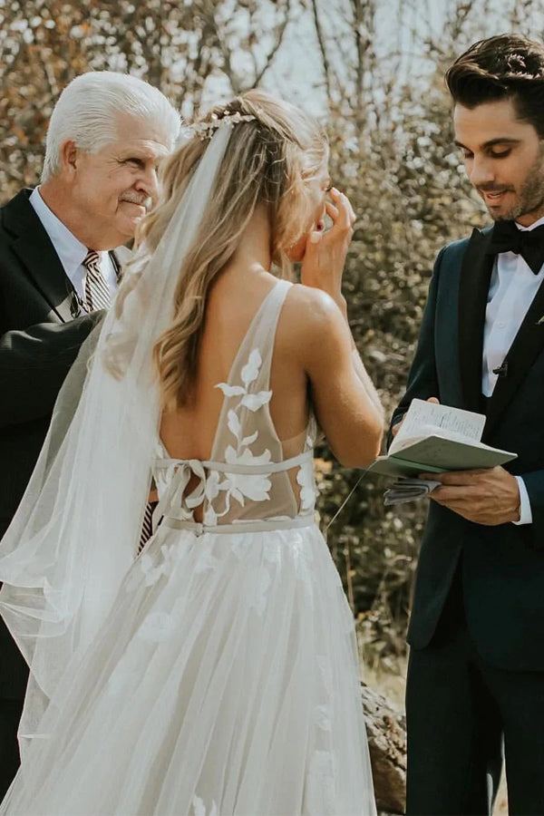 See Through Lace Ivory Tulle V-neck V-back Beach Wedding Dresses